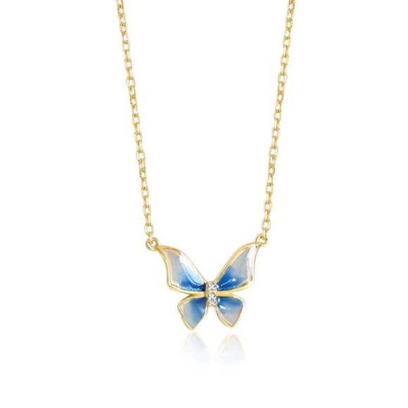 NEW Silver Gold Butterfly Blue Drop Glaze Necklace - Picture 4 of 8